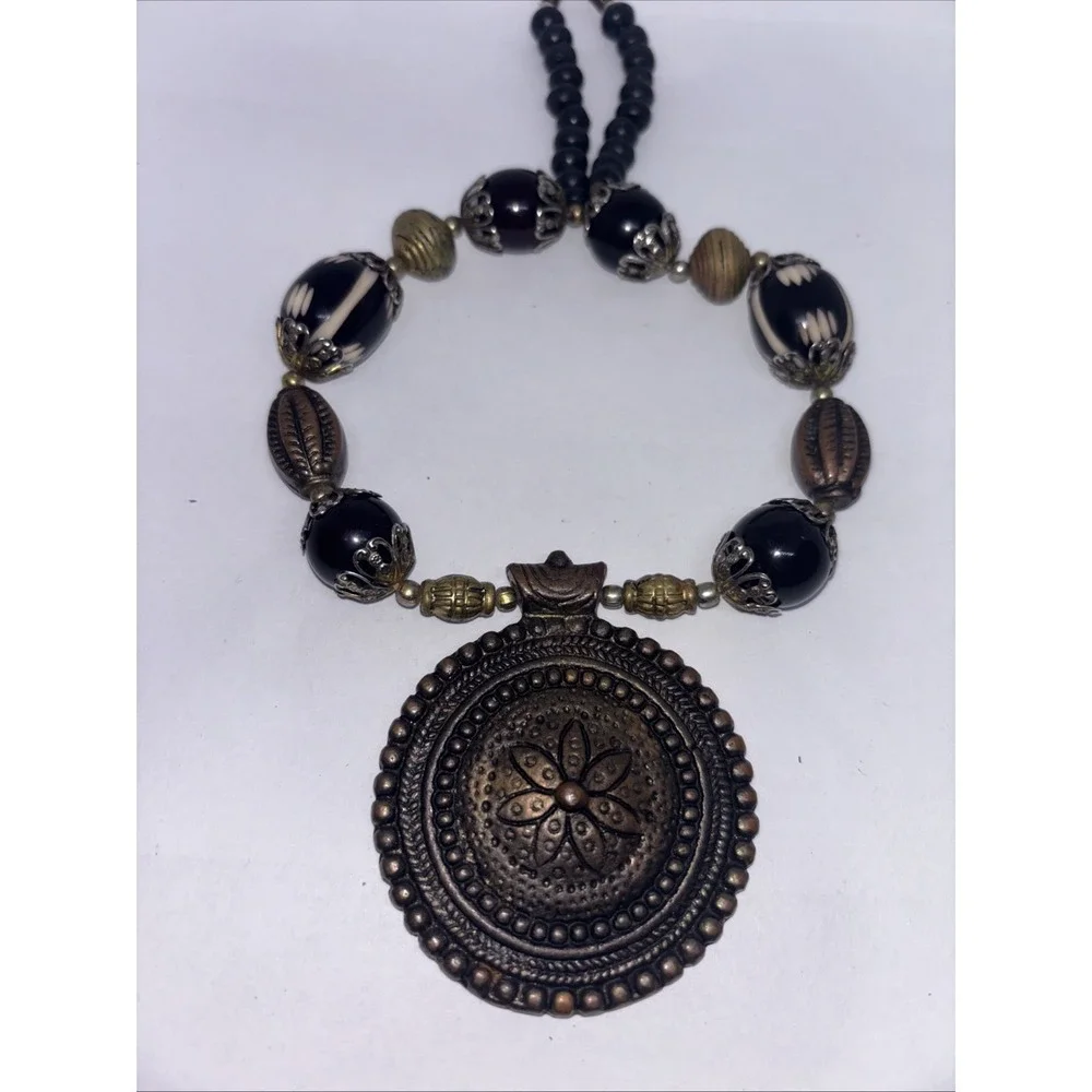 Vintage Tribal Style Bronze Metal Floral Pendent  Beaded Necklace
